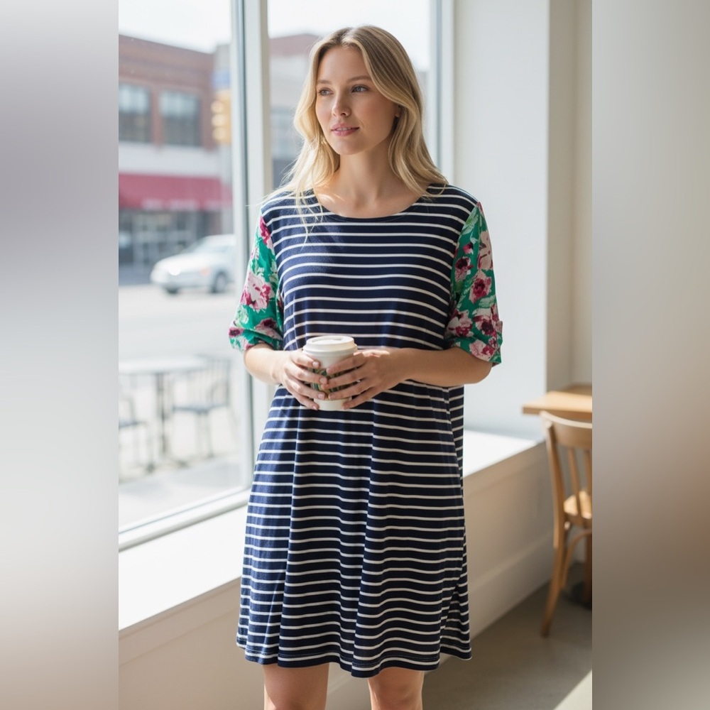 Umgee Navy and White Striped Midi Dress with Floral Accent Statement Sleeves